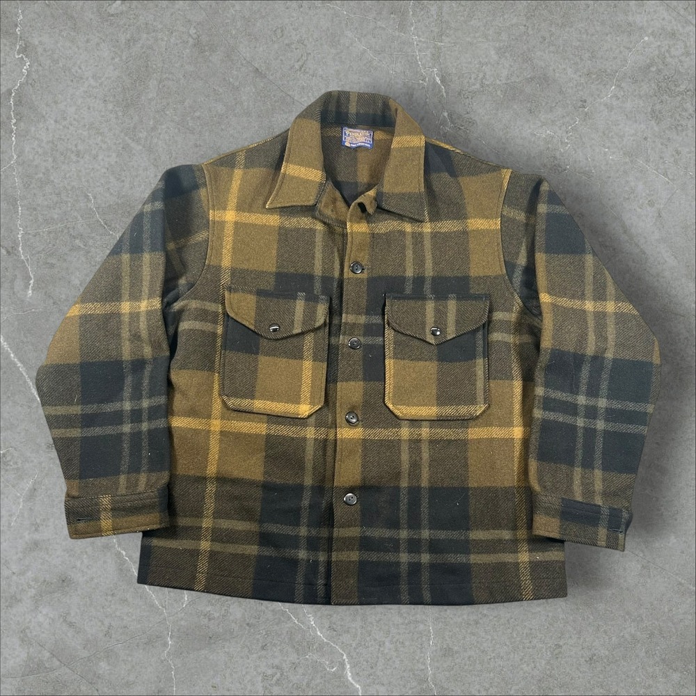 Pendleton Jacket Mens Large Brown Plaid Virgin Wool Button Up Cruiser Chore Coat